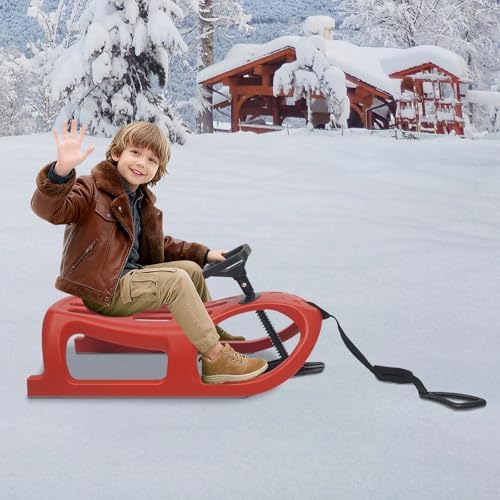 Snow Racer Seld, Metal Sleds for Snow Sled Heavy Duty Winter Sled Steerable Snow Sled, Steerable Snow Scooter Sled,Age 3+