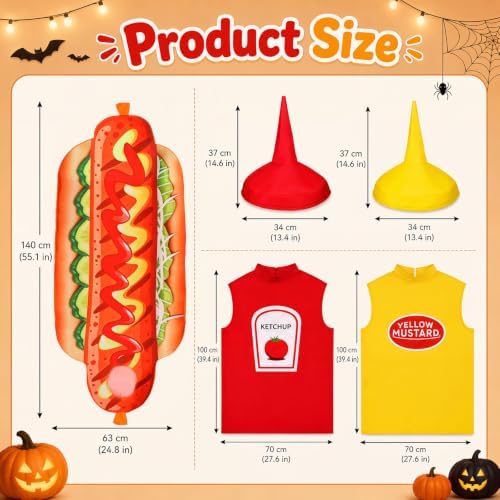 Mepase 3 Pcs Hot Dog Ketchup Mustard Halloween Costumes Set for Adults