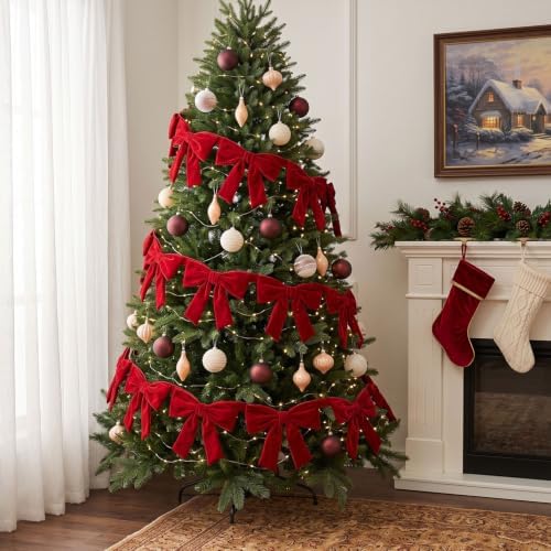 Christmas Decorations - 6 Ft Red Velvet Bow Garland