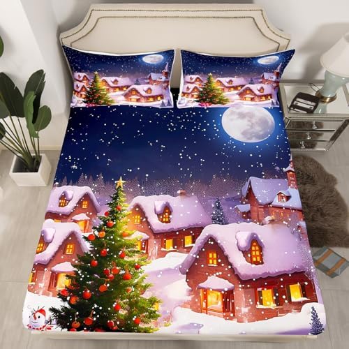 Castle Fairy Christmas Trees Bed Sheet Set Kids Santa Claus and Snowman Sheets Set 4pc Starry Sky Microfiber Soft Bedding Set,1 Flat Sheet,1 Deep Pocket Fitted Sheet,2 Pillow Cases（King Size）