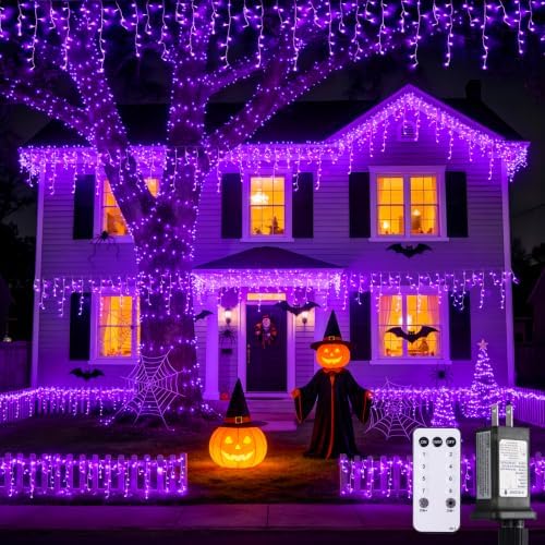JMEXSUSS 38.8 FT 400 LED Purple Halloween Icicle Lights Outdoor