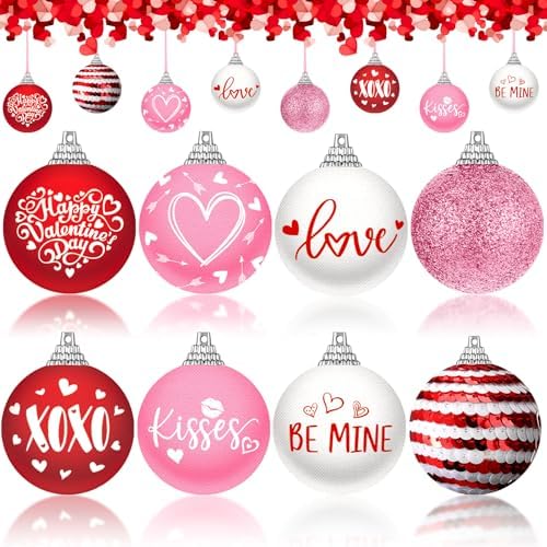 Outus 16 Pcs Valentine's Day Tree Ornaments Ball Vintage Happy Valentine's Day Decorations for Tree Red and Pink Love Kisses Xoxo Pattern Hanging Ornaments Home Farmhouse Holiday Fireplace Party Decor