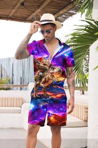RAISEVERN Mens Romper Male Zipper Shorts Sleeve One Piece Bro Outfits
