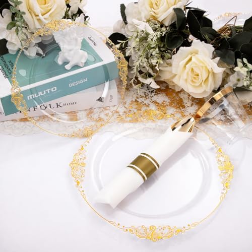 Nervure 175Pcs Clear Gold Plates, Disposable Party Plates for 25 Guests