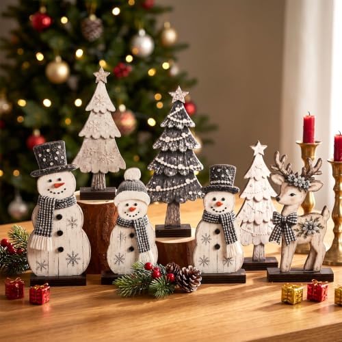 7 Pcs Christmas Table Decor Wooden Snowman Tree Deer Decor, Black,White