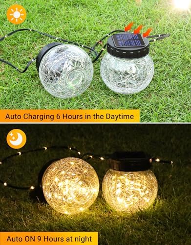 PARTPHONER Solar Lights Outdoor Waterproof 12-Pack, Solar Powered Hanging Lantern Cracked Glass Hanging Globes for Yard Decor Christmas Decoration, Shepherd Hook, Garden Tree Ornaments, Warm White