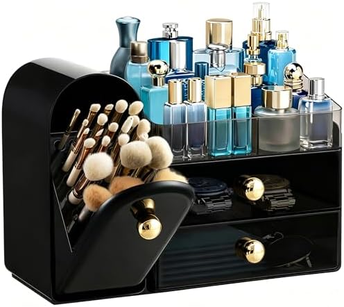 HBlife Makeup Organizer Countertop with Drawers, Cologne Organizer for Men, Vanity Organizers with Brush Holder, Bathroom Countertop Organizer Skin Care Storage, Gift for Dad Husband, Black and Gold