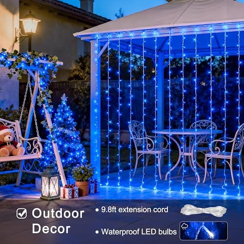 JMEXSUSS 300LED Blue Curtain Lights, 9.8x9.8ft String Lights Indoor Outdoor