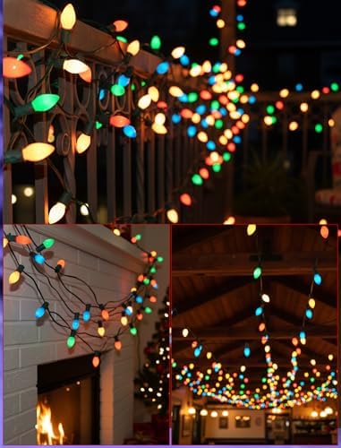 C7 LED Colored Christmas Lights Outdoor, 25FT Vintage Colored Christmas Lights with 25 LED Ceramic Glass Multicolor Bulbs for Xmas Roofline Indoor Outdoor Garden Patio Yard Decoration, Green Wire