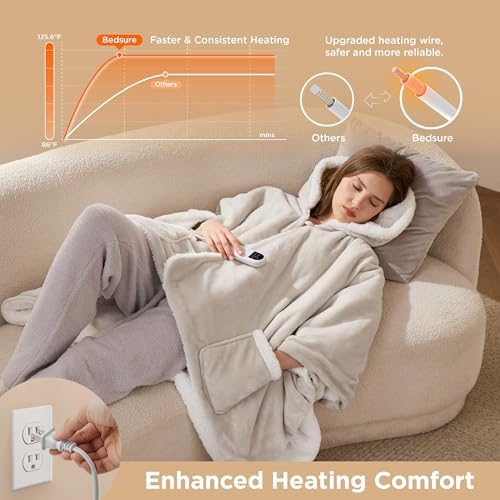 Bedsure Wearable Heated Blanket Hoodie Shawl, Gifts for Mom, 55"x64" Cream