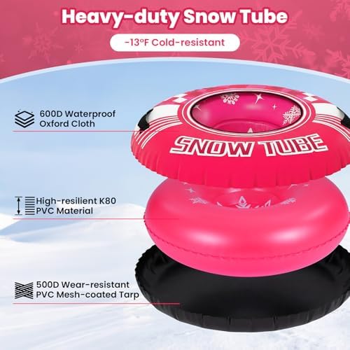 Goplus Inflatable Snow Tube, 42" Heavy-Duty Snow Sledding Tube with Detachable Tow Strap, Thickened Bottom, 3-in-1 Valve, Handles, Winter Outdoor Fun Toy for Kids & Adults, Christmas Birthday