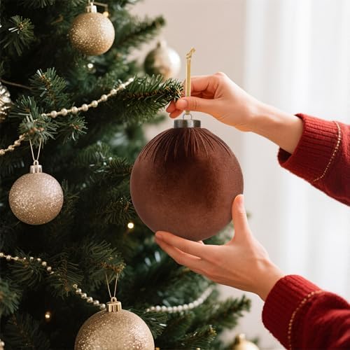 Liliful 12 Pcs Extra Large Velvet Christmas Balls Velvet Ornaments for Christmas Tree Flocked Shatterproof Xmas Tree Balls Bulk for Holiday Party Xmas Trees Hanging Decorations(4 Inch,Brown)