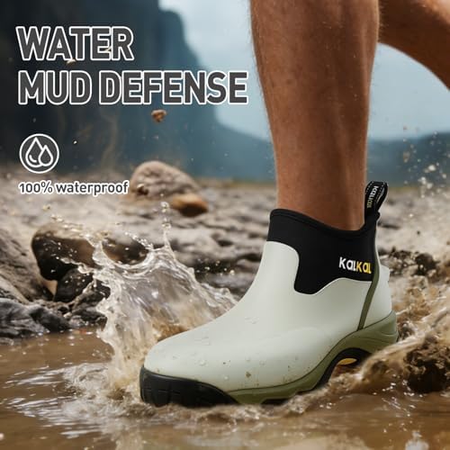 Kalkal Men's Rubber Boots, Waterproof Ankle Rain Boots, Insulated Working Booties with Comfortable Sports Sole, Outdoor Mud Boots for Yard Chore
