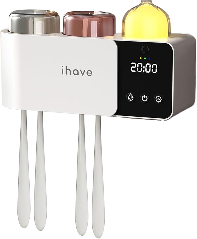 iHave Toothbrush Holders Wall Mounted with Toothbrush Sanitizer & Aromatherapy Diffuser | Auto-Cycle Disinfection, Heated Fan Drying, USB Rechargeable, IR Night Light,LED - 2 Cups Bathroom Organizer