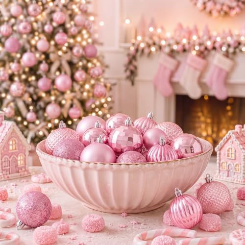 Lunmon 64 Pieces Pink Christmas Ball Ornaments Shiny Pink Xmas Bulbs