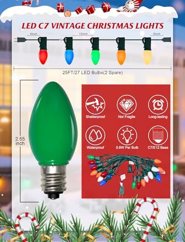 SUNSGNE C7 LED Christmas Lights Outdoor, 25FT Vintage Colored Christmas Lights with 25 C7 LED Shatterproof Plastic Multicolor Bulbs for Patio Backyard Porch Balcony Gazebo Party Decor, Green Wire