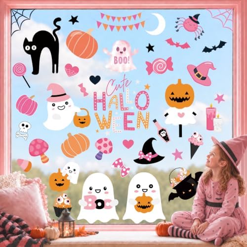 Pink Halloween Window Clings Stickers Decor for Kids Cute Decal Decorations