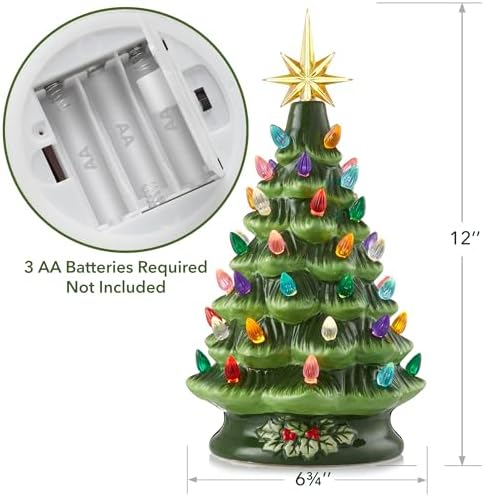 Casafield Hand Painted Ceramic Christmas Tree, Green 12-Inch Pre-Lit Tree with 100 Multi Color Lights and 2 Star Toppers