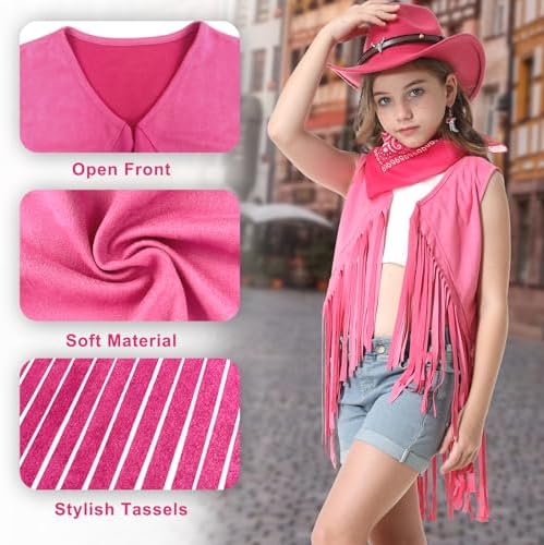 Cowgirl Outfits for Girls Kids 6 Pcs Western Costume Accessories Cowboy Hat Fringe Vest Earring for Halloween Party