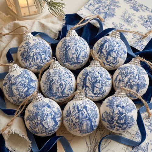 Outus 16 Pcs Blue and White Toile De Jouy Christmas Ball Ornaments for Tree