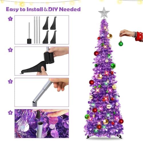 N&T NIETING Pop Up Christmas Tree with Lights & Ornaments, 5FT, Dark Purple