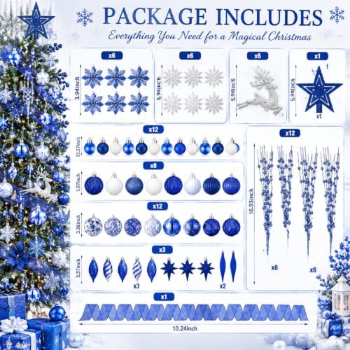 CroBlissful 118 Pcs Royal Blue Christmas Tree Decoration Set Including Ball Deer Ornament, Mesh Ribbon, Snowflake Icicle, Trees Top Star, Flower, Berries Stem Chinoiserie Christmas Decor for Xmas Tree