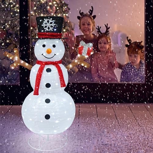Outdoor Snowman Lighted, Pop-Up Snowman Outdoor Yard Christmas Decorations Prelit 100 Lights, Collapsible Lighted Snowmen Wears Red Scarf and Holds Light Up Gift Box for Home Porch Yard Décor-Red