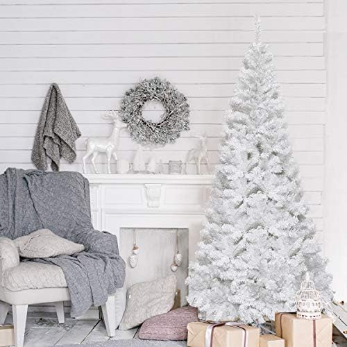 HAPPYGRILL 6FT Unlit White Artificial Christmas Tree with Solid Metal Stand, PVC Material 650 Branches Xmas Tree