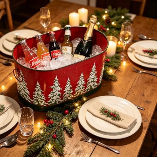 Set of 2 Christmas Metal Buckets, Oval Decorative Planters with Embossed Snow Pine Tree, Distressed Red Green Holiday Storage Tubs for Mini Christmas Tree, Tabletop & Porch Xmas Decor