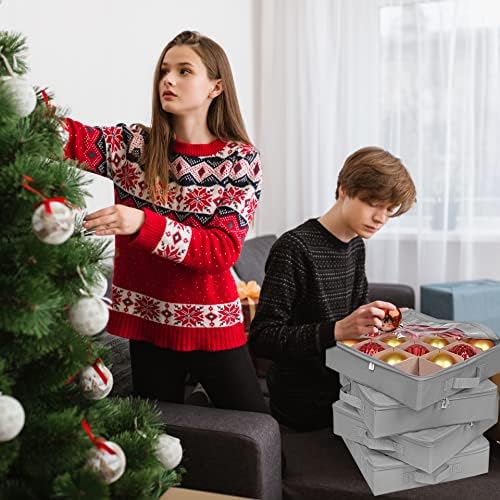 ProPik 4 Pcs Christmas Ornament Storage Boxes with Dividers, Transparent Top Zipper Closure, 4 Individual Ornament Holder Trays, Keeps 64 Holiday Ornaments, Ornament Organizer Storage Box (Gray)