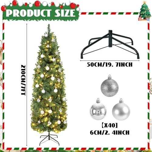 41 Pcs 7 Ft Artificial Slim Christmas Tree with 250 LED Warm White String Lights 40 Silver Ball Ornaments Skinny Thin Pencil Tree with Metal Stand for Home Xmas Holiday Party Decoration