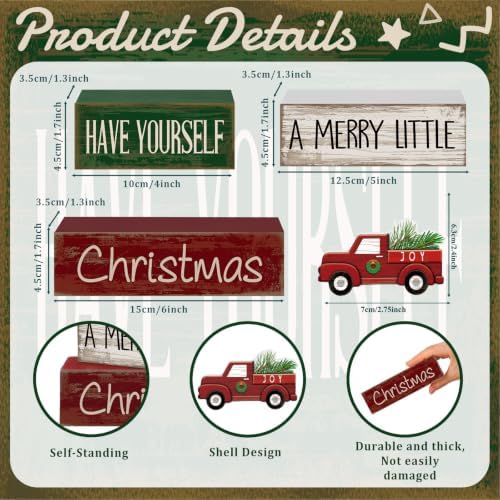 Lineshading 4 Pcs Wooden Christmas Tabletop Decor Red Truck Tiered Tray Decor Christmas Centerpiece Decorative Red Truck Block Signs Gift Farmhouse Winter Table Decoration for Home Kitchen Shelf