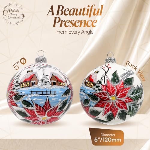 Polish Hand Blown Glass Christmas Ornaments Ball, Wintry Merry Xmas 5 in