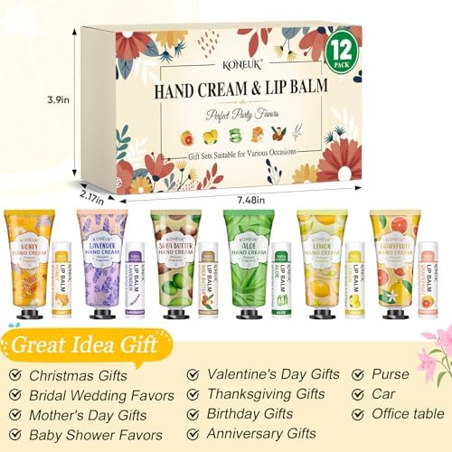 KONEUK 12 Pack Bulk Hand Cream and Lip Balm Set, Bulk Gifts for Women