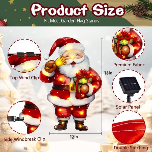 12x18 Lighted Christmas Santa Garden Flag, 8 Modes Solar LED