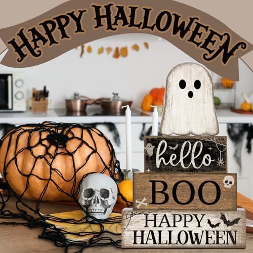 Lineshading 4 Pcs Halloween Table Decor for Home Wooden Ghost Block Signs