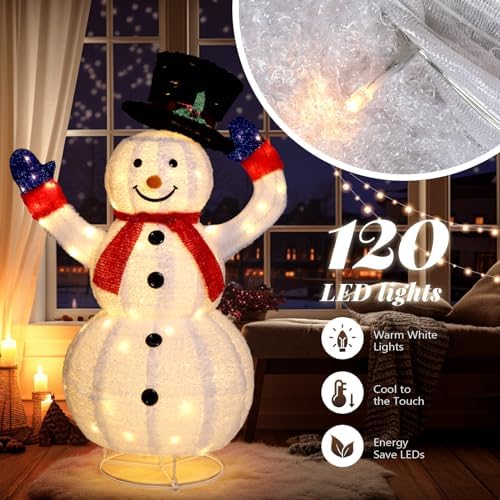 VINGLI 4FT Auto-Waving Outdoor Snowman Christmas Decorations, Lighted Pop Up Snowman w/120 LED Lights, Moving Hat, Red Scarf, Ground Stakes for Indoor, Yard, Outside Xmas Decor
