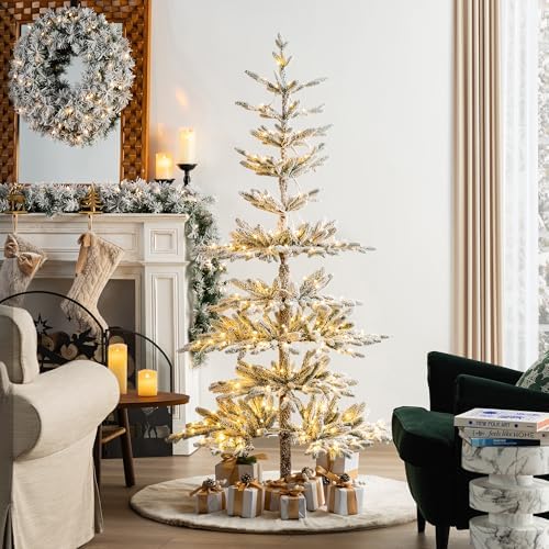 Glitzhome Prelit Christmas Tree, 6ft Flocked Artificial Christmas Tree Serene Snowscape Fir with 300 Warm White Lights for Home, Office, Party Decoration, Metal Hinges & Base, Easy Assembly