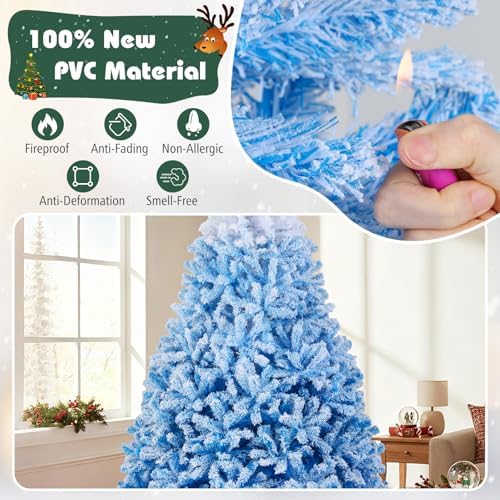 HAPPYGRILL 8 FT Pre-lit Flocked Christmas Tree Blue Hinged Xmas Tree with 1774 Branch Tips, 470 Warm White LED Lights & Folding Metal Stand, for Home Office Carnival