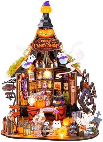 Rolife Halloween Haunted Candy House DIY Miniature House Kits with 9 LED Lights, Beginner-Friendly Tiny House Model Building Kits, Spooky Halloween Tabletop Decor, DIY Creative Hobby Gifts for Teens