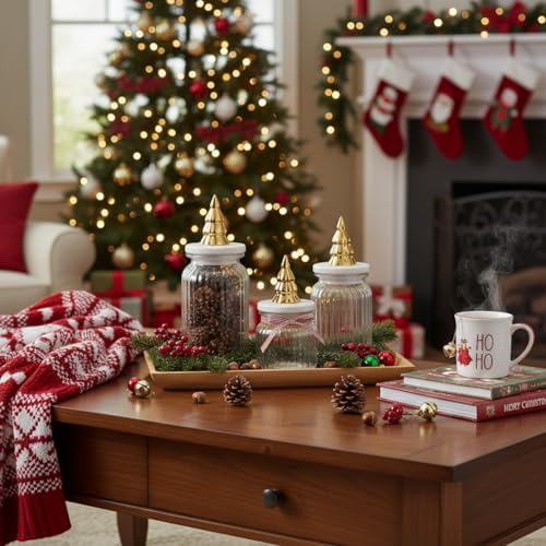 Mimorou 3 Set Christmas Glass Jars with Lids 44oz 33oz 22oz Ceramic Christmas Tree Candy Jars Airtight Xmas Glass Food Storage Containers for Xmas Party Tea Cookie Snacks Sugar