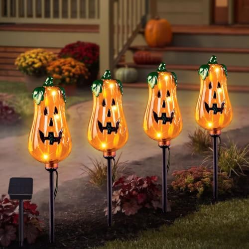 Halloween Decorations Outdoor,4 Pack Halloween Pumpkin Solar Lights Stakes