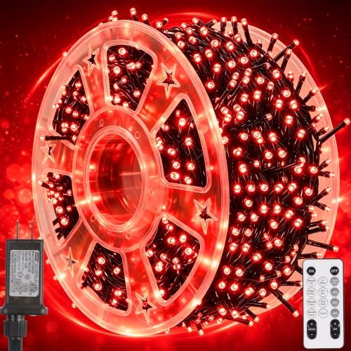 WATERGLIDE 1000 LED Valentines String Lights, 328 FT Green Wire LED Decorative Fairy Lights with Remote & 8 Modes, Waterproof for Outdoor Christmas Holiday Party Garden Wedding Home Decor, Red
