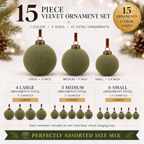 Velvet Flocked Christmas Ornaments Set – Premium Shatterproof Christmas Ball Ornaments with Brass Metal Caps, Assorted Sizes for Christmas Tree, Holiday & Seasonal Home Décor (Green 15pcs)