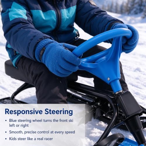 Snow Racer Sled 220.5lb Capacity Ice Skating Equipment, Ski Sled Slider Board for Kids & Adults, Snow Sled for Kids with Flexible Steering Wheel, Two Serrated Brakes, 18" Seat
