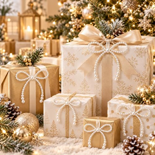 DIYDEC 24PCS Pearl Christmas Bow Ornament 7&4.5In Tree Topper Decor