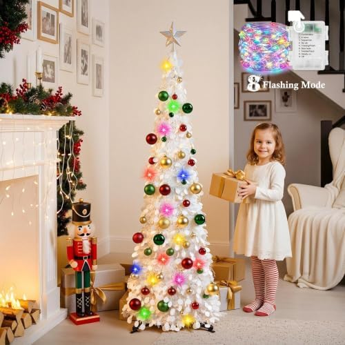 N&T NIETING Pop Up Christmas Tree with Lights & 30 Balls, 5Ft Collapsible White Tinsel Skinny Tree Decorations for Holiday Xmas Home Office Decor
