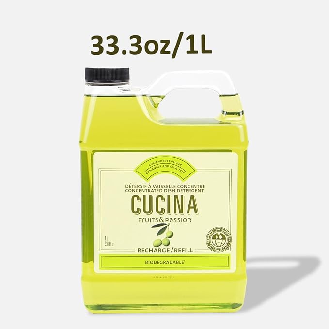 Cucina Fruits & Passion Coriander and Olive Tree Dish Detergent Duo Set, 16.9 fl oz Bottle and 33.8 fl oz Refill, Made in Canada