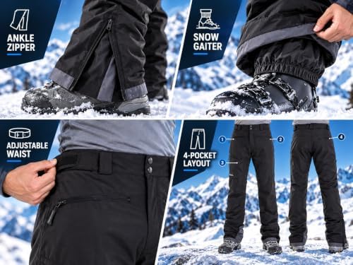 clothin Men's Waterproof Ski Pants Insulated Snow Pants with Boot Gaiters