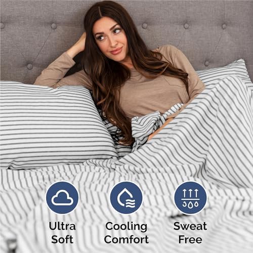 Split King Size 5 Piece Sheet Set - Breathable & Cooling - Grey Stripes